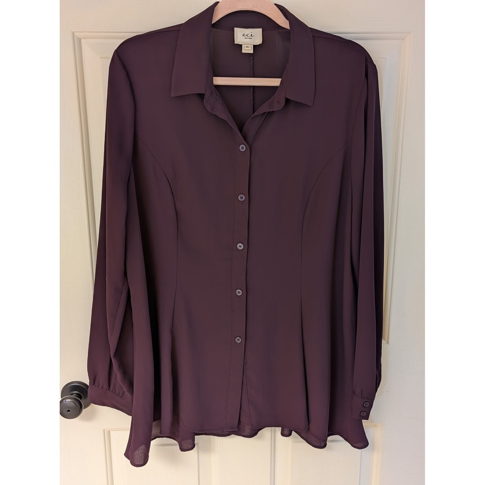 Eci New York Womens Burgundy Button Up Long Sleeve Blouse Top XL